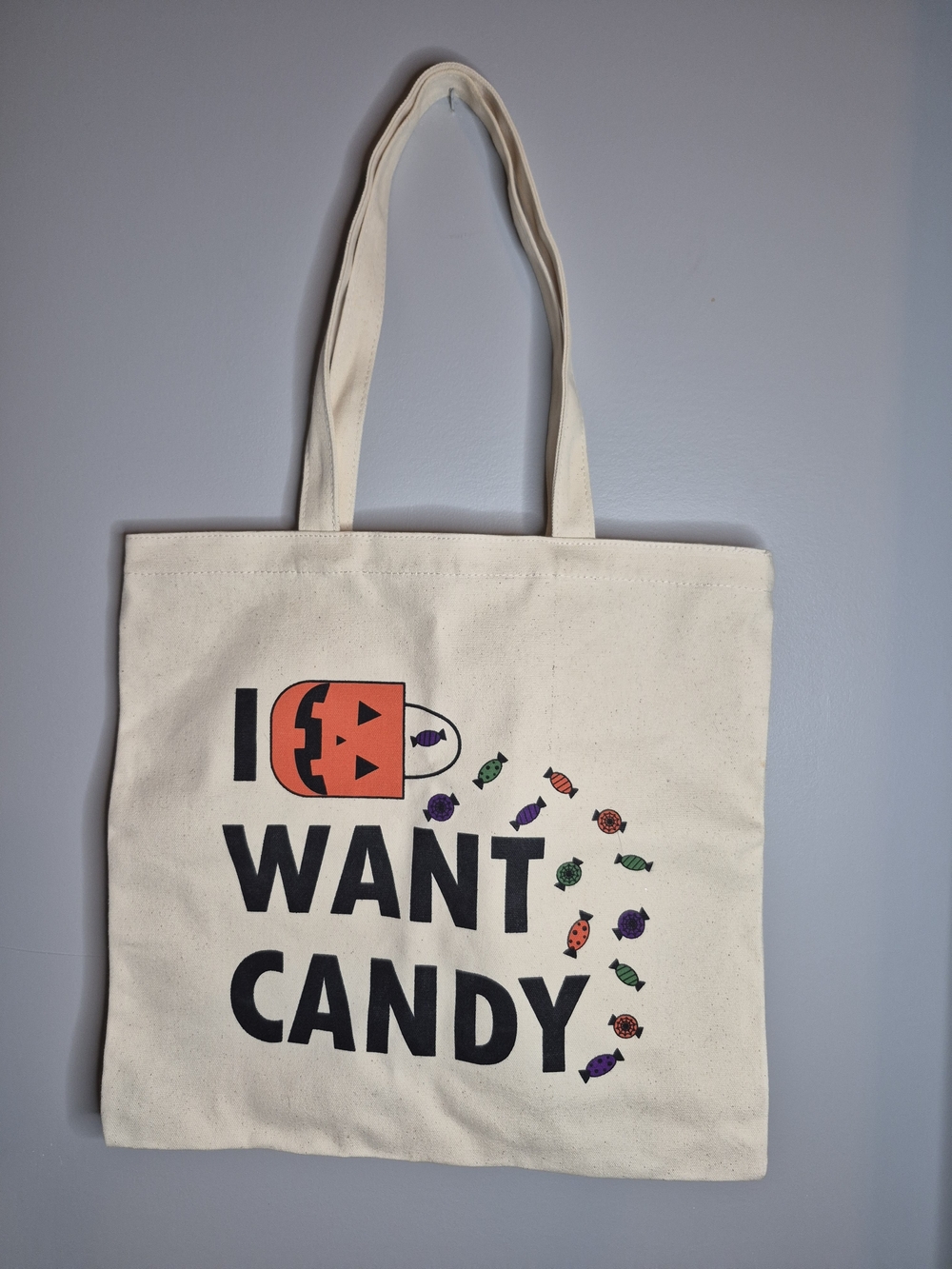I Want Candy Halloween Canvas Tote Bag - Cream